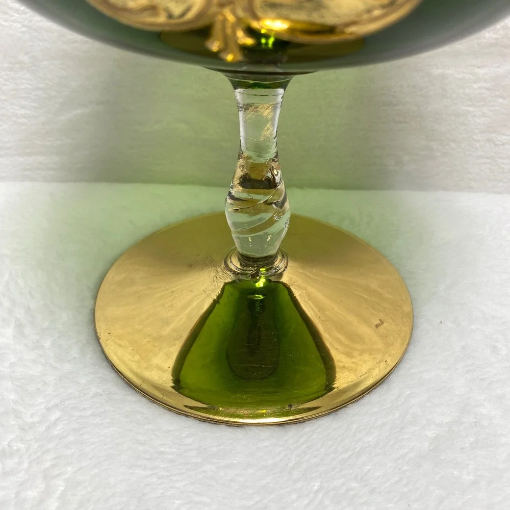 VTG Green Glass Pedestal Compote Bowl Goblet Candy Dish‎ Bowl Gold Leaf Italy